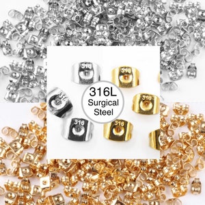 50Pcs- 316L Surgical grade Steel Butterfly Earrings plugs, 18K gold plated, Safety Backs, Steel Earrings Stopper, jewelry Findings Supply