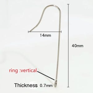 Op de afbeelding: Een zilveren metalen oorbelhaak met een verticale ring. De haak is 40 mm lang en 14 mm breed. De dikte van de draad is 0,7 mm.