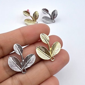 10pcs Bright Yellow Gold/ Rhodium tone earring post, Alloy Triple Leaf connector, Stainless Steel Needle, earring findings jewelry supply,