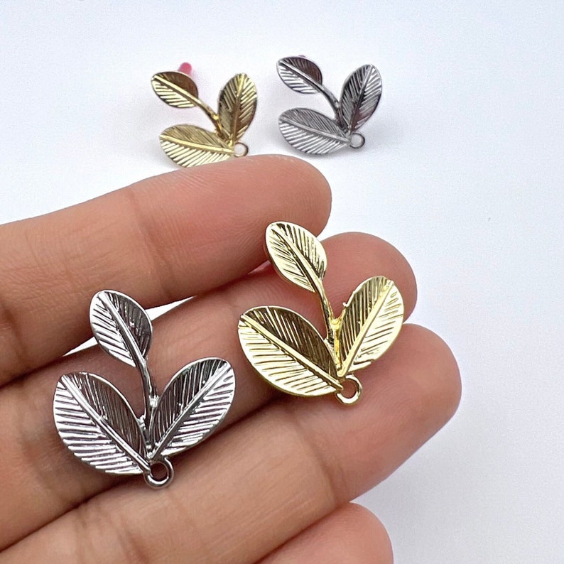 10pcs Bright Yellow Gold/ Rhodium tone earring post, Alloy Triple Leaf connector, Stainless Steel Needle, earring findings jewelry supply, image 1