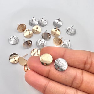 10Pcs-12mm Round Curved Brushed Brass Earring Stud, 18K Real (KC)/White Gold Plating, Stainless Steel Needle, Finding, jewelry making supply