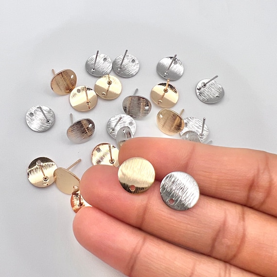 10Pcs-12mm Round Curved Brushed Brass Earring Stud, 18K Real (KC)/White Gold Plating, Stainless Steel Needle, Finding, jewelry making supply