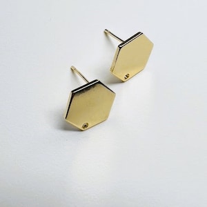 10Pcs- Brass Hexagon Earring Hexagon Stud Post, 18K Gold & White Gold Plating, Geometric Stud, Stainless Steel Pin, Supplies, findings