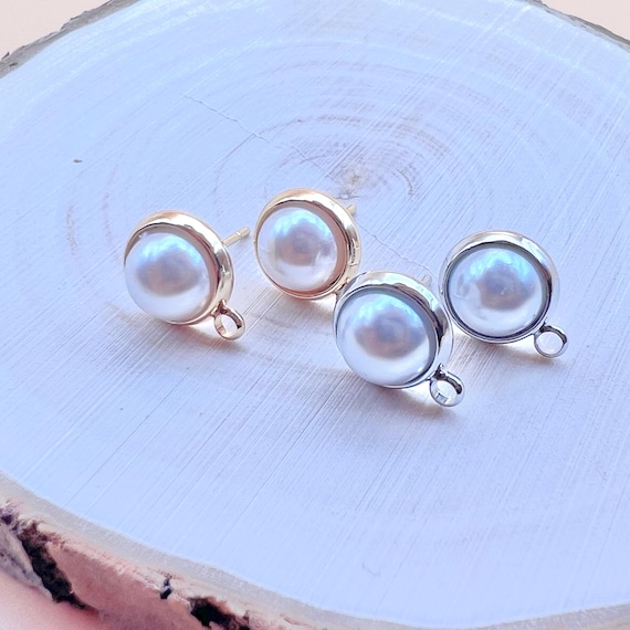 10Pcs- 10mm Round Pearl Earring Stud Post, Stainless steel needle, 18K Gold/ Rhodium Plating, jewelry making Supplies, findings, components