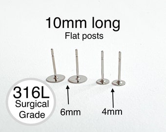 Orecchino in acciaio inossidabile chirurgico 316L, perno piatto lungo 10 mm, misure base: 4 mm/6 mm, componenti per orecchini, perno posteriore per la creazione di orecchini