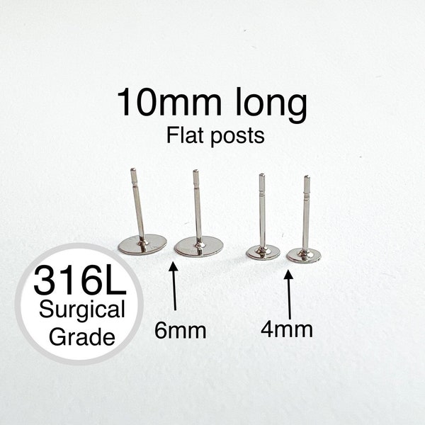 316L Surgical Grade Stainless Steel Earring 10mm long flat Post, base sizes- 4mm/ 6mm, Earring Findings, Earring making back post