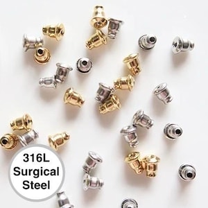 100Pcs- 316L Surgical Grade Stainless Steel Earnuts, 18k Gold plated/ steel color, Safety Backs, Bullet Stopper, Earrings Findings & Supply