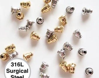 Örhängen i kirurgiskt rostfritt stål (316L), 18k guldpläterade/stålfärgade, säkerhetsbakstycken, kulpropp, örhängesdetaljer och tillbehör, 100 st