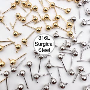 10Pcs- 316L Surgical Grade Steel Pin, 18K Gold plating/ Steel color- 6mm/ 5mm/ 4mm Ball Stud posts, Jewelry Making, Supplies, Findings
