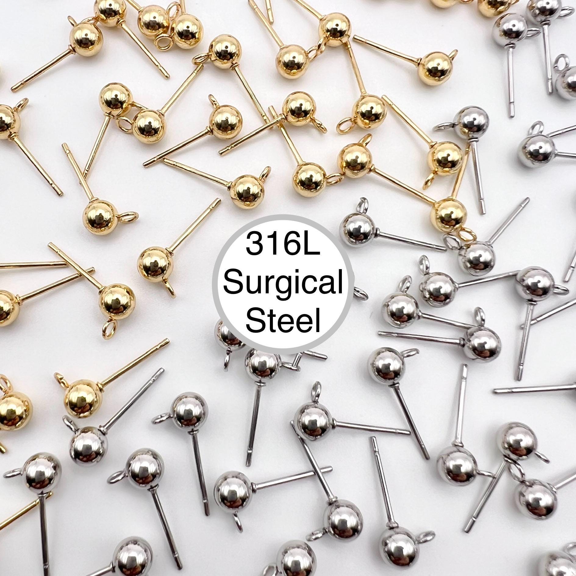 10Pcs- 316L Surgical Grade Steel Pin, 18K Gold plating/ Steel color- 6mm/ 5mm/ 4mm Ball Stud posts, Jewelry Making, Supplies, Findings