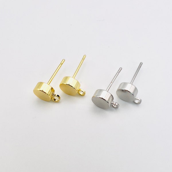 10Pcs- Round Thick Circle Flat Earring Stud Post, 18K Gold/ Rhodium Plating, High Quality Stainless Steel Needle, jewelry making Supplies