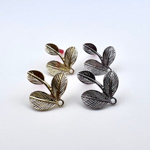10pcs Bright Yellow Gold/ Rhodium tone earring post, Alloy Triple Leaf connector, Stainless Steel Needle, earring findings jewelry supply, image 2