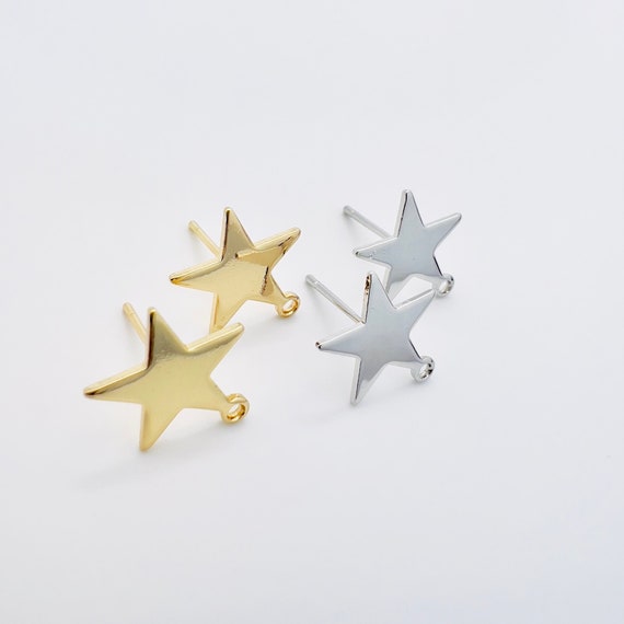 10Pcs- Brass Star Earring Studs with Loop, 18K Gold/ White gold Plating, 316 Surgical Steel Stud/ Pin, Connectors, Jewelry Making supply
