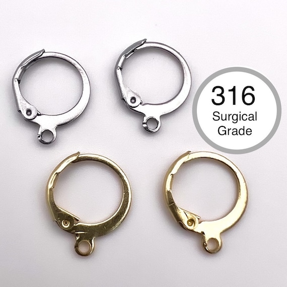 10Pcs- 316 Surgical Grade Steel Round Leverback Huggies Hoop Earring Connector, 18k Gold Plating/ Steel color, DIY jewelry making supply