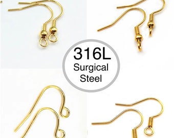 10Pcs-316L Surgical Grade Stainless Steel with 18K Gold Plating Hooks, Ear Wires Fish/ french Hooks, Jewelry Making, Jewelry Supply