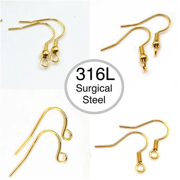 10Pcs-316L Surgical Grade Stainless Steel with 18K Gold Plating Hooks, Ear Wires Fish/ french Hooks, Jewelry Making, Jewelry Supply