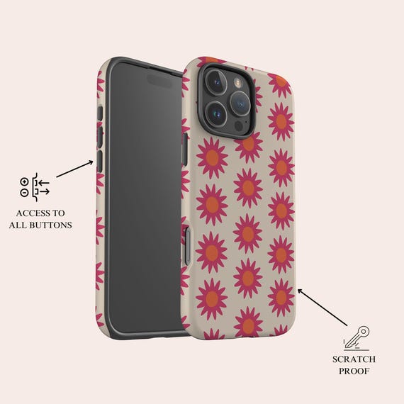 ピンクのデイジー柄スマホケース レトロフローラル MagSafe対応 iPhone