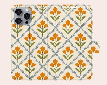 Vintage Bloom Phone Case Retro Orange Tulip Leather Wallet Phone Case for iPhone 17 Pro Max 16 15 Plus 14 11 Samsung S25 Ultra S24 S23 S22