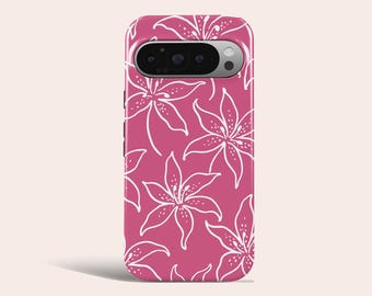 Funda para teléfono con estampado de flores de lirio, color rosa, estilo retro floral, compatible con Google Pixel 10 Pro XL, 9A, 9 Pro XL, 8, 8A, 7A, 7 Pro, Pixel 6 Pro, 6A, 3A y 2XL.