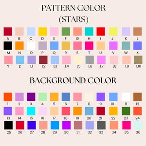 May include: A colour chart featuring two sections labelled PATTERN COLOR (STARS) and BACKGROUND COLOR. The first section displays rows of coloured squares labelled A through L10, and the second section shows rows of coloured squares labelled 1 through 36.