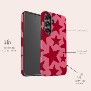 May include: A smartphone case featuring a pink background with a pattern of dark red stars. The case includes cutouts for camera lenses and side buttons. Text labels indicate Star Colour (A), Background Colour (14), Access to all buttons, and Scratch proof.