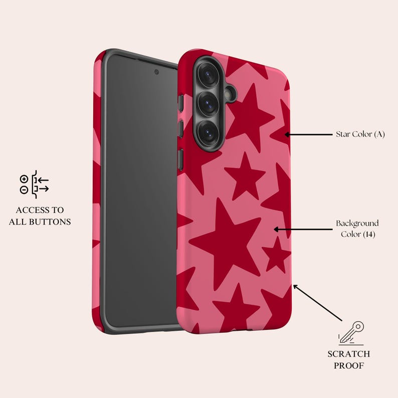 May include: A smartphone case featuring a pink background with a pattern of dark red stars. The case includes cutouts for camera lenses and side buttons. Text labels indicate Star Colour (A), Background Colour (14), Access to all buttons, and Scratch proof.