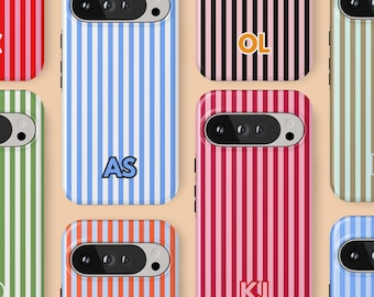 Custom Initials Color Striped Phone Case Retro Vertical Lines Phone Cover Fit for Google Pixel 10 Pro XL 9A 9 Pro 8A 7A 7 Pro Pixel 6A 6 Pro