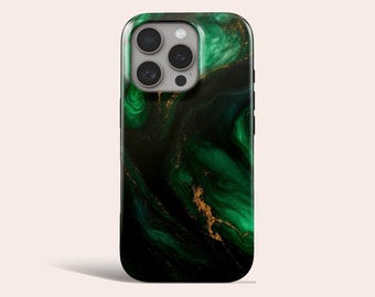 May include: A smartphone case featuring a green and black marble pattern with gold detailing. The case has a glossy finish. The camera lenses are visible at the top. The design is reminiscent of natural stone, offering a luxurious look.