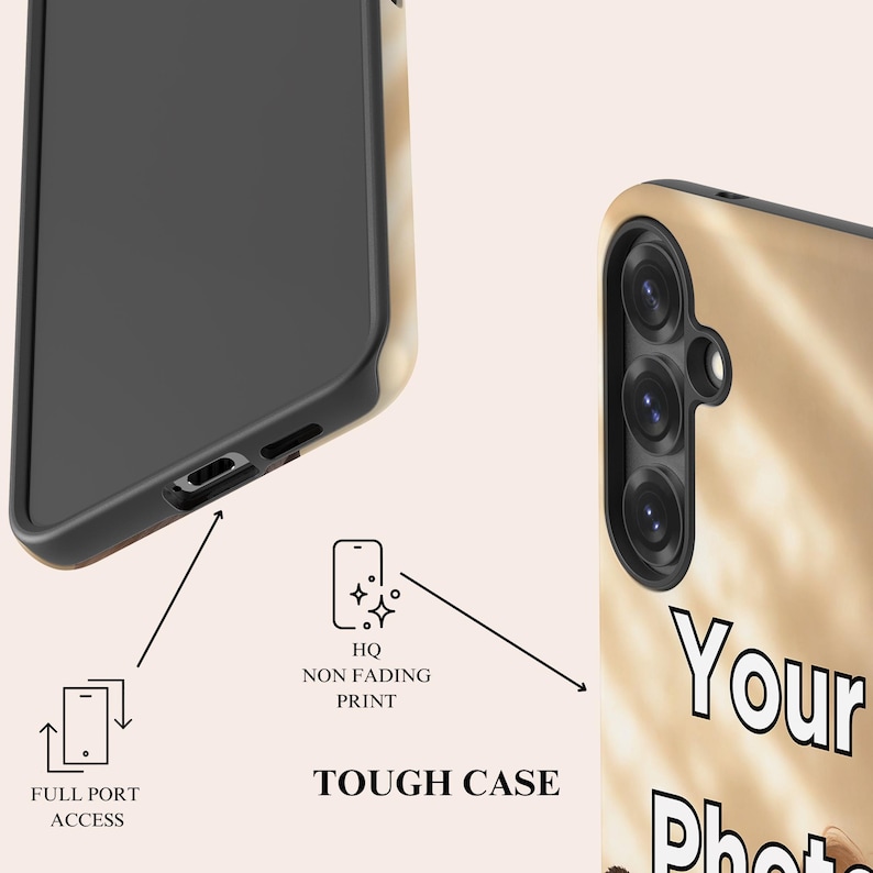 K&ouml;nnte beinhalten: Nahaufnahme einer Handyh&uuml;lle mit hellbraunem und schwarzem Design. Auf der H&uuml;lle steht "Your Photo". Die H&uuml;lle ist mit "Tough Case" und "Full Port Access" beschriftet. Die H&uuml;lle ist mit "HQ Non Fading Print" gestaltet.