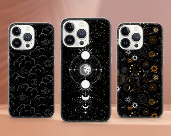 May include: Three black phone cases with different celestial designs. The first case features a white cloud pattern, the second case has a white moon and star design, and the third case has a gold moon and star pattern.