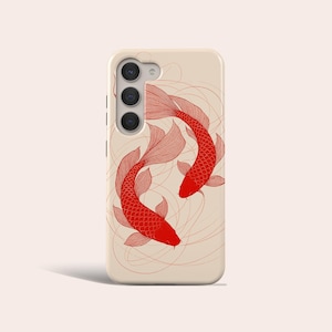 May include: A phone case featuring a design of two red koi fish swimming in a circle on a cream background.