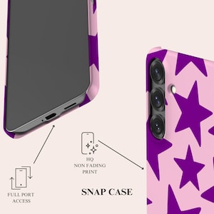 May include: A light pink phone snap case featuring a repeating pattern of dark purple stars. The case includes cutouts for the camera lenses and charging port. Text on the image indicates full port access and high-quality non-fading print.