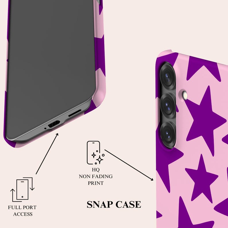 May include: A light pink phone snap case featuring a repeating pattern of dark purple stars. The case includes cutouts for the camera lenses and charging port. Text on the image indicates full port access and high-quality non-fading print.