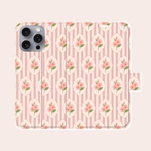 Pink Floral Phone Case Vintage Flower Leather Wallet Phone Case for iPhone 17 Pro Max 16 15 Plus 14 11 Samsung S25 Ultra S24 S23 S22