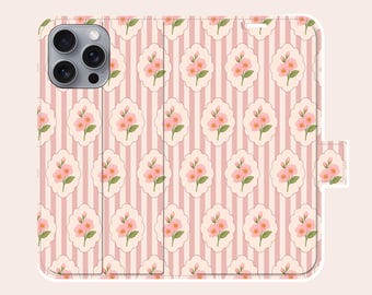 Pink Floral Phone Case Vintage Flower Leather Wallet Phone Case for iPhone 17 Pro Max 16 15 Plus 14 11 Samsung S25 Ultra S24 S23 S22