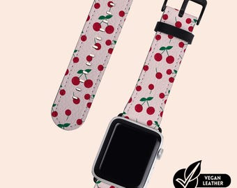 Pink Cherry Watch Strap Fit For Apple Watch Series 1 2 3 4 5 6 7 8 9 10 11 SE Vegan H21 Leather Watch Band