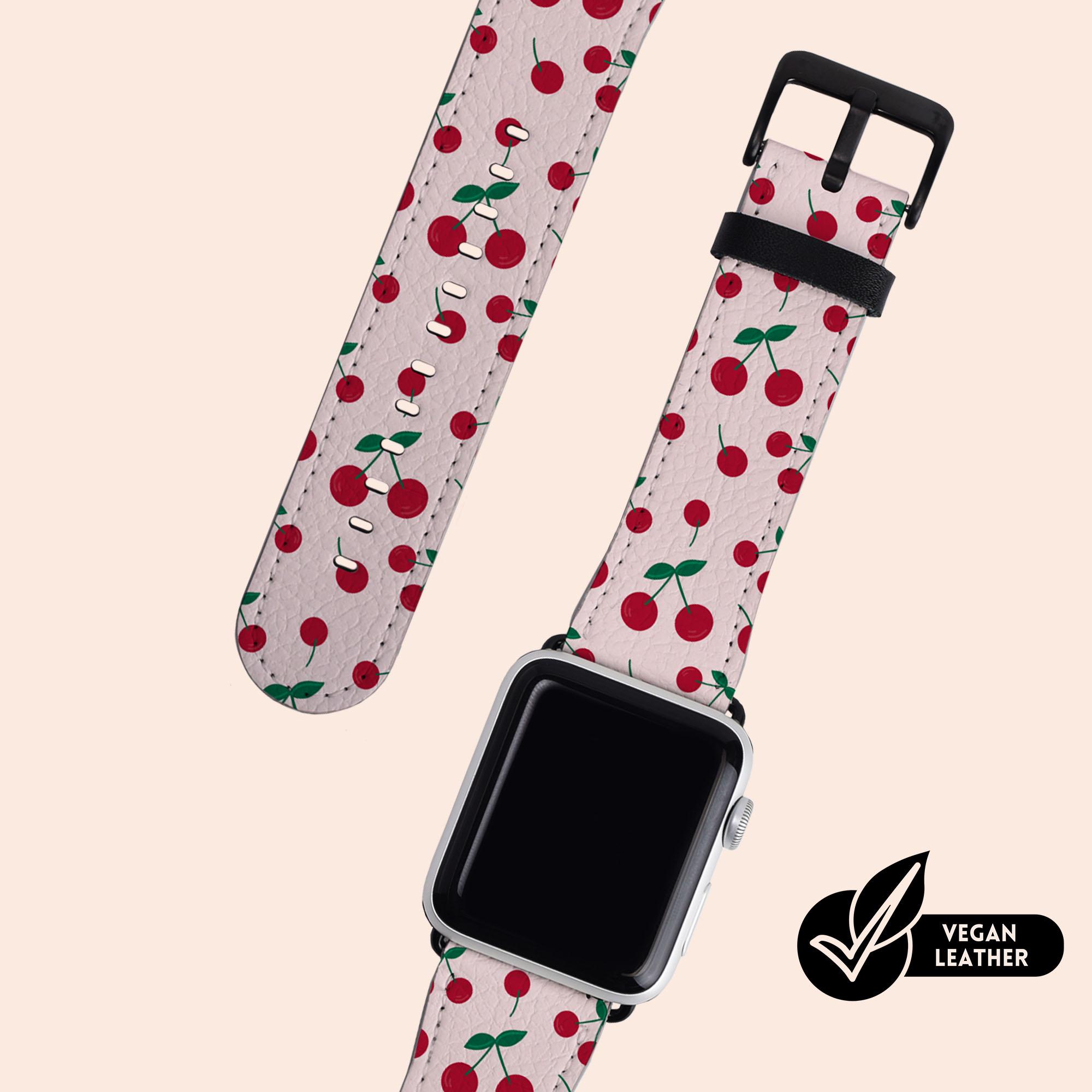 Pink Cherry Watch Strap Fit For Apple Watch Series 1 2 3 4 5 6 7 8 9 10 11 SE Vegan H21 Leather Watch Band