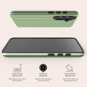 May include: A smartphone case featuring a horizontal green and white striped pattern. The case includes black side buttons, a camera cutout, and a black frame. Text on the image highlights edge guard protection, wireless charging, and shock proof protection.