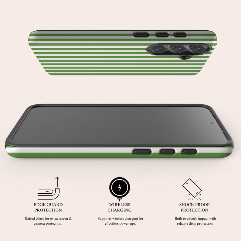 May include: A smartphone case featuring a horizontal green and white striped pattern. The case includes black side buttons, a camera cutout, and a black frame. Text on the image highlights edge guard protection, wireless charging, and shock proof protection.
