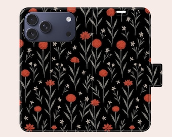 Dark Wildflower Phone Case Gothic Flora Leather Wallet Phone Case for iPhone 17 Pro Max 16 15 Plus 14 11 Samsung S25 Ultra S24 S23 S22