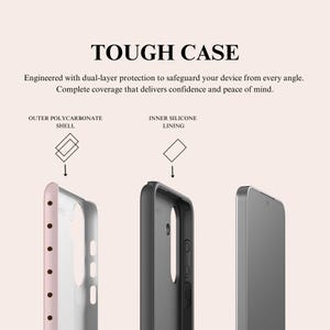 May include: Image of a phone case with the text "TOUGH CASE". The case is shown in three parts: an outer pink polycarbonate shell, an inner black silicone lining, and a phone. The text describes dual-layer protection.