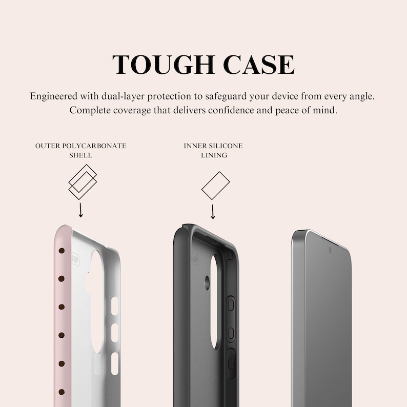 May include: Image of a phone case with the text "TOUGH CASE". The case is shown in three parts: an outer pink polycarbonate shell, an inner black silicone lining, and a phone. The text describes dual-layer protection.