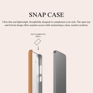 K&ouml;nnte beinhalten: Eine hellbraune und transparente Snap-H&uuml;lle f&uuml;r ein Smartphone, mit dem Text "SNAP CASE" oben. Die H&uuml;lle wird neben einem Smartphone gezeigt. Der Text "Ultra-schlank und leicht..." ist ebenfalls sichtbar.