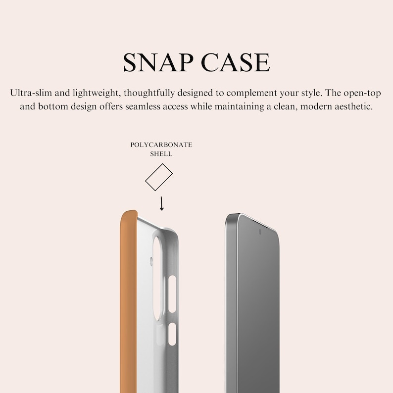 K&ouml;nnte beinhalten: Eine hellbraune und transparente Snap-H&uuml;lle f&uuml;r ein Smartphone, mit dem Text "SNAP CASE" oben. Die H&uuml;lle wird neben einem Smartphone gezeigt. Der Text "Ultra-schlank und leicht..." ist ebenfalls sichtbar.