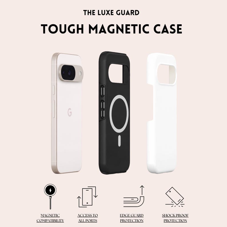 a white and black phone case with a black and white logo, along with a black and white magnetic compatible case and a white and black shockproof compatible case.