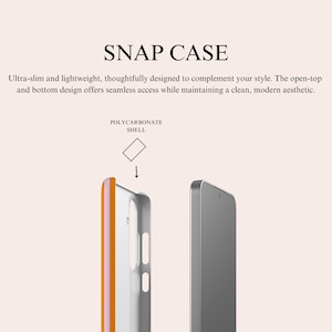 May include: A snap case for a mobile phone featuring a polycarbonate shell. The case has an orange and light purple side profile with an open-top and bottom design. The text SNAP CASE is displayed above the product with descriptive text.
