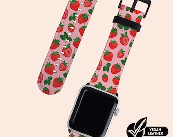 Pink Strawberry Watch Strap Fit For Apple Watch Series 1 2 3 4 5 6 7 8 9 10 11 SE Vegan H21 Leather Watch Band