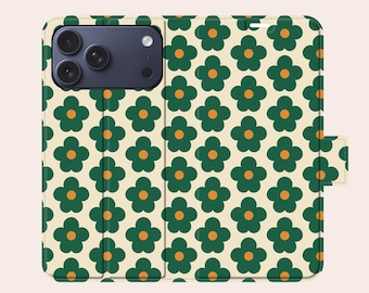 Green Daisy Phone Case Retro Floral Pattern Leather Wallet Phone Case for iPhone 17 Pro Max 16 15 14 11 Samsung S25 Ultra S24 S23 S22