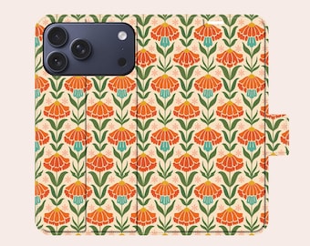 Retro Bloom Phone Case Vintage 70's Flower Pattern Leather Wallet Phone Case for iPhone 17 Pro Max 16 15 14 11 Samsung S25 Ultra S24 S23 S22