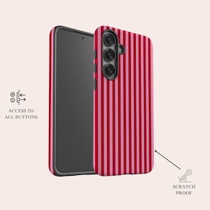 May include: A smartphone case featuring a vertical striped pattern in alternating shades of dark red and light pink. The case includes cutouts for the camera lenses and side buttons, with text labels reading ACCESS TO ALL BUTTONS and SCRATCH PROOF.